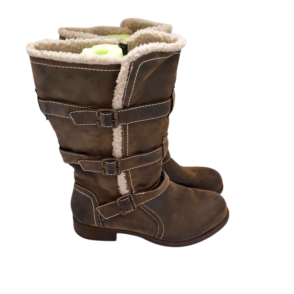 Crown Vintage Brown Distressed Leather Buckle Boots Faux Shearling Lined